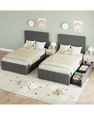 gaomon Set of 2 Twin Upholstered Bed Frames with Adjustable Headboard and 2 Drawers, Linen Platform