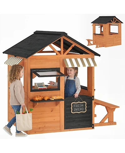 Qaba Outdoor Playhouse, Wooden Kids Playhouse with Play Kitchen and Bench