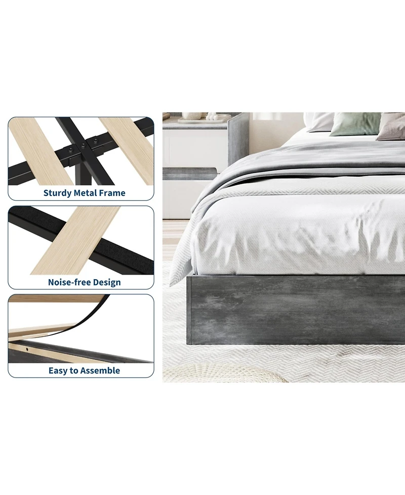 Homfan Wood Platform Bed Frame in Washed, Floor Style, No Headboard, No Box Spring Needed