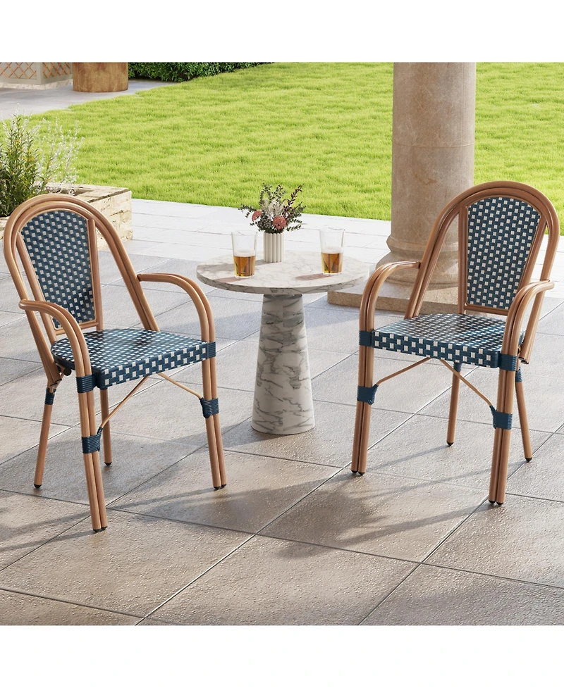 Sugift Hand-Woven Pe Wicker French Bistro Chair Set of 2 with Metal Frame