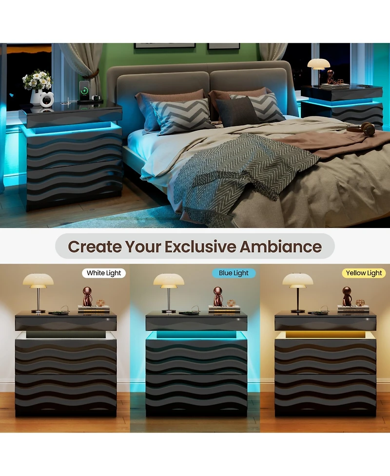 Vlrska Wide 2-Drawer Nightstand with Hidden Storage and Human Sensor Light