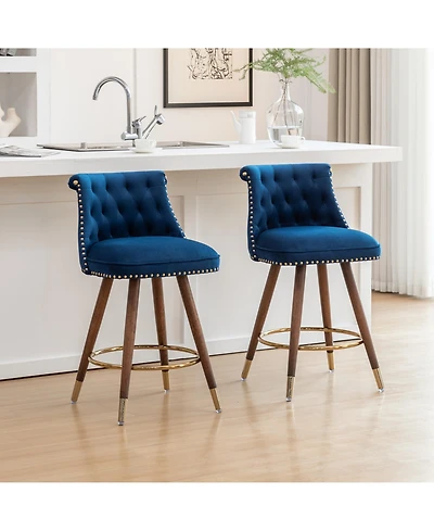 Rainsken Bar Stools Set of 2, Counter Height Chairs with Nailhead Trim, Button-Tufted, Bentwood Legs and Pull Ring for Kitchen Island, Home Pub