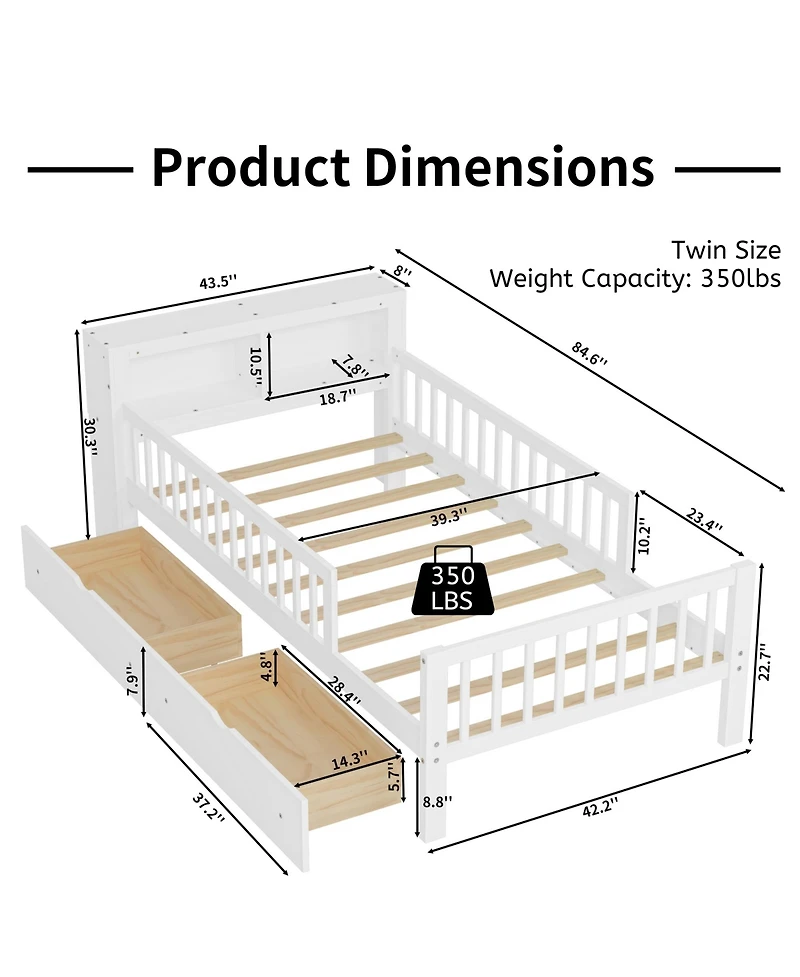 Rainsken Kids Twin Bed Frame, Wooden Platform with Headboard Storage Rack, 2 Under-Bed Drawers and 3-Side Guardrails for Bedroom