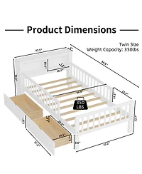 Rainsken Kids Twin Bed Frame, Wooden Platform with Headboard Storage Rack, 2 Under-Bed Drawers and 3-Side Guardrails for Bedroom