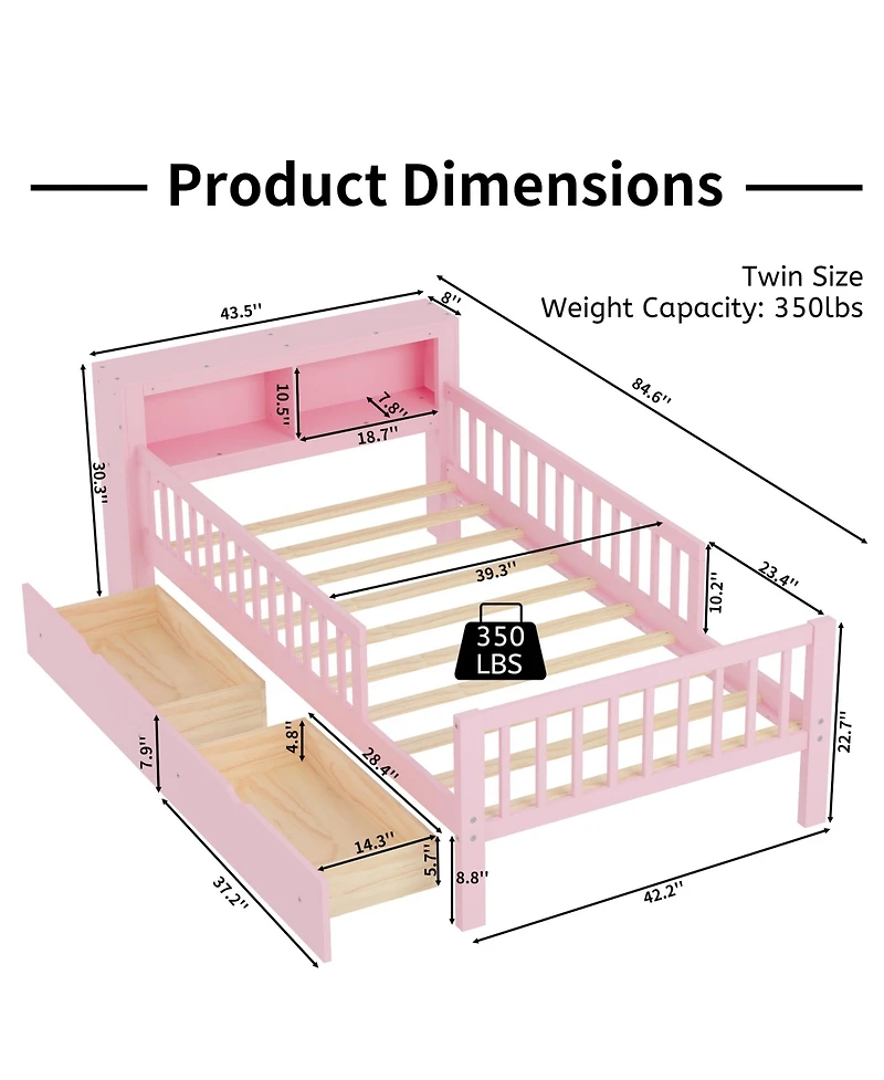 Rainsken Kids Twin Bed Frame, Wooden Platform with Headboard Storage Rack, 2 Under-Bed Drawers and 3-Side Guardrails for Bedroom