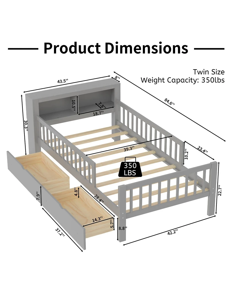 Rainsken Kids Twin Bed Frame, Wooden Platform with Headboard Storage Rack, 2 Under-Bed Drawers and 3-Side Guardrails for Bedroom