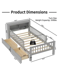 Rainsken Kids Twin Bed Frame, Wooden Platform with Headboard Storage Rack, 2 Under-Bed Drawers and 3-Side Guardrails for Bedroom