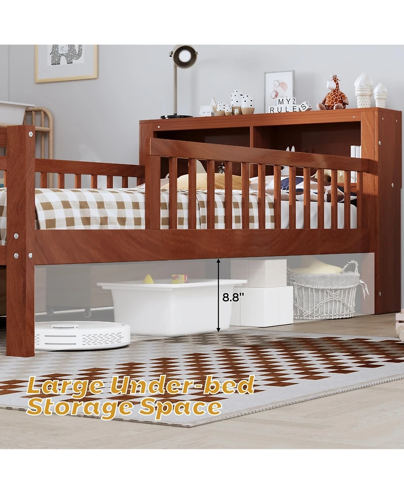 Rainsken Kids Twin Bed Frame, Wooden Platform with Headboard Storage Rack, 2 Under-Bed Drawers and 3-Side Guardrails for Bedroom