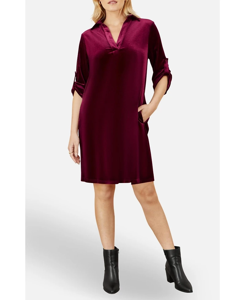 Yumi Women's Velvet Sleeve Collared Tunic Dress