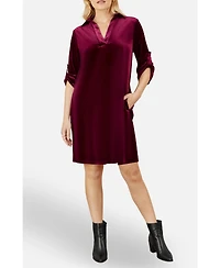 Yumi Women's Velvet Sleeve Collared Tunic Dress