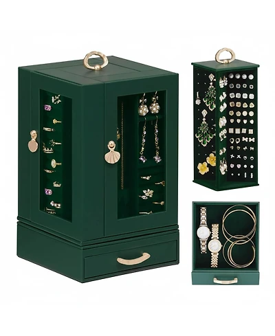 Yigii Large Jewelry Organizer Box with Drawer Compartments Hooks Slots 360 Rotating Pu Leather Lining Transparent Window