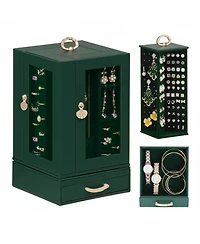 Yigii Large Jewelry Organizer Box with Drawer Compartments Hooks Slots 360 Rotating Pu Leather Lining Transparent Window