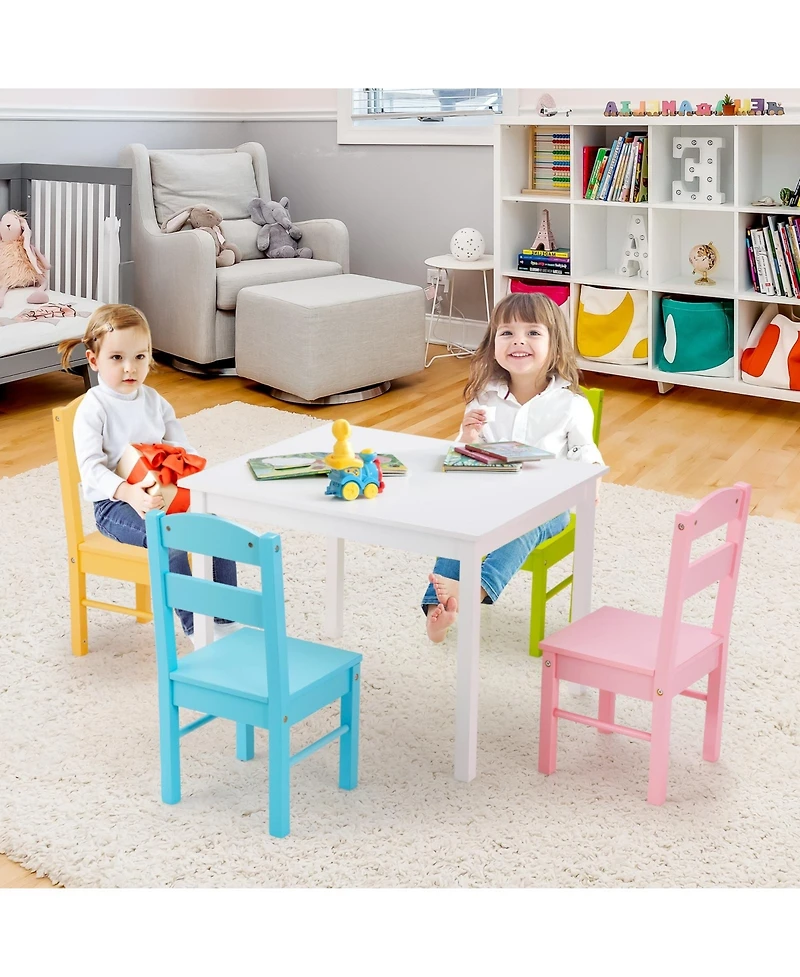 Sugift 5 pcs Kids Pine Wood Table Chair Set-Clear