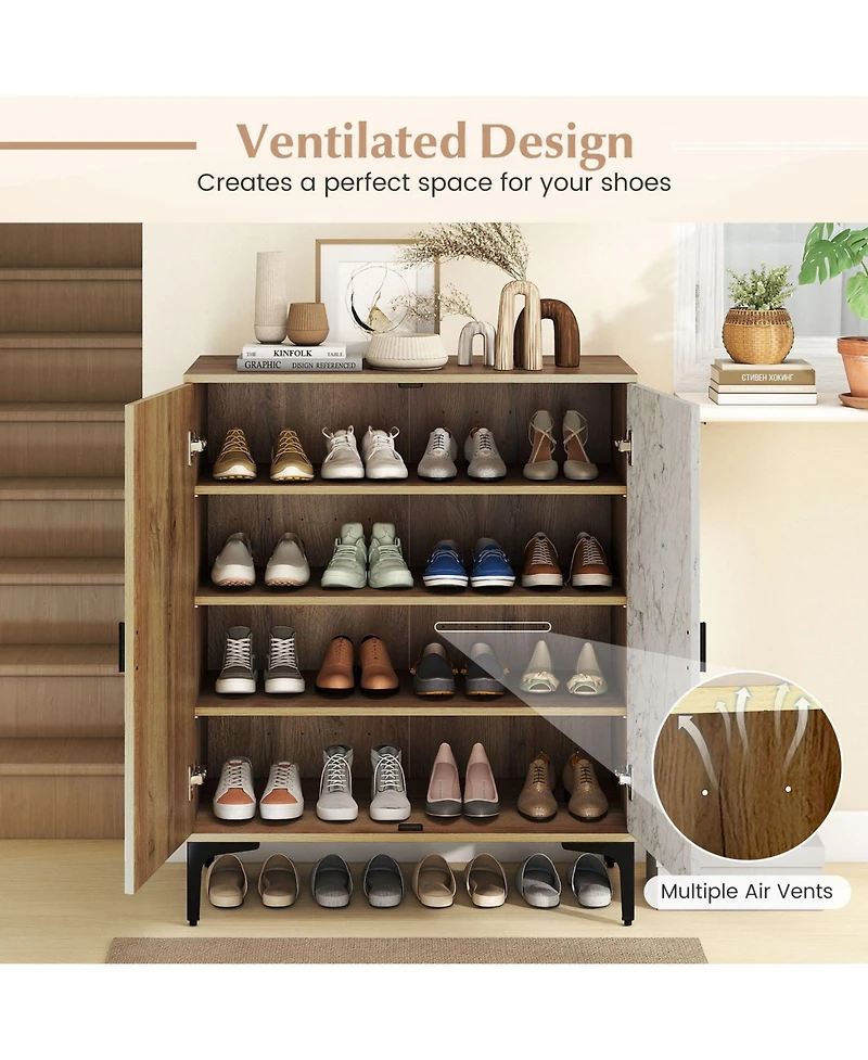 Sugift 4 Tier Farmhouse Shoe Storage Cabinet with Removable Shelves and Metal Legs-Oak