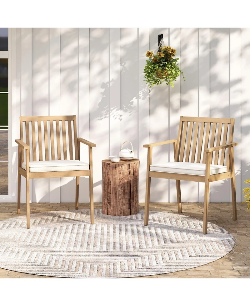 Gouun Set of 2 Outdoor Acacia Wood Patio Dining Chairs with Removable Padded Cushions and Armrests