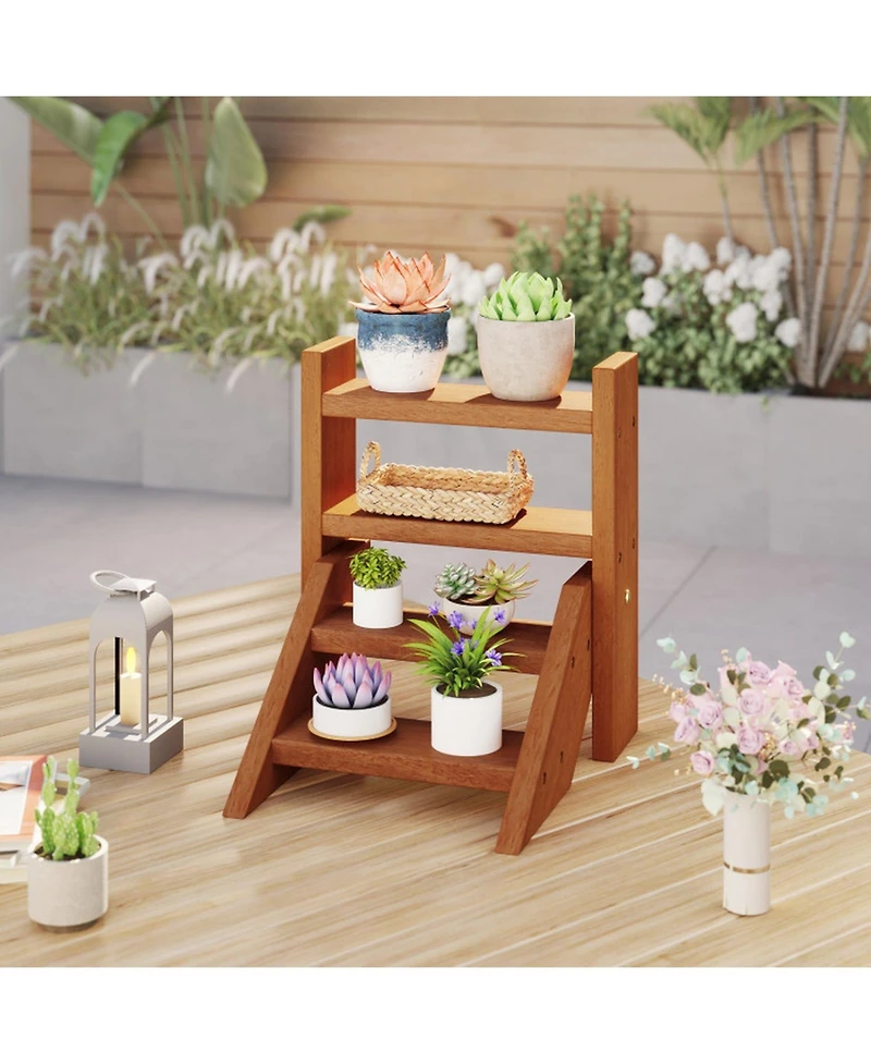 Gouun 4-Tier Solid Wood Plant Stand with Teak Oil Finish