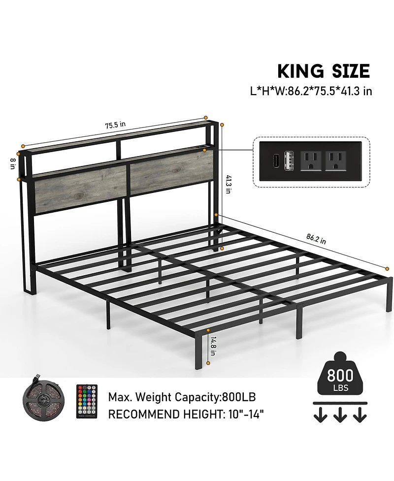 Lucky One King Size Bed Frame with Headboard, Rgb Led Light and Charging Station