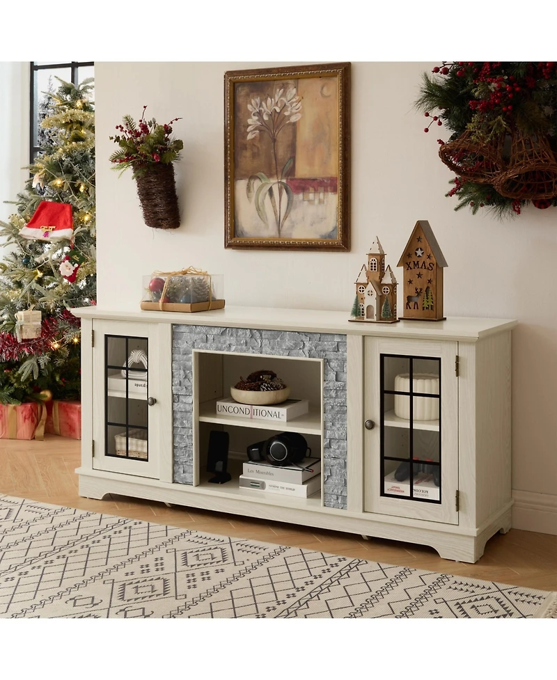sumyeg 58" Storage Cabinet with 2-Door Storage Faux Stone Media Console Cabinet