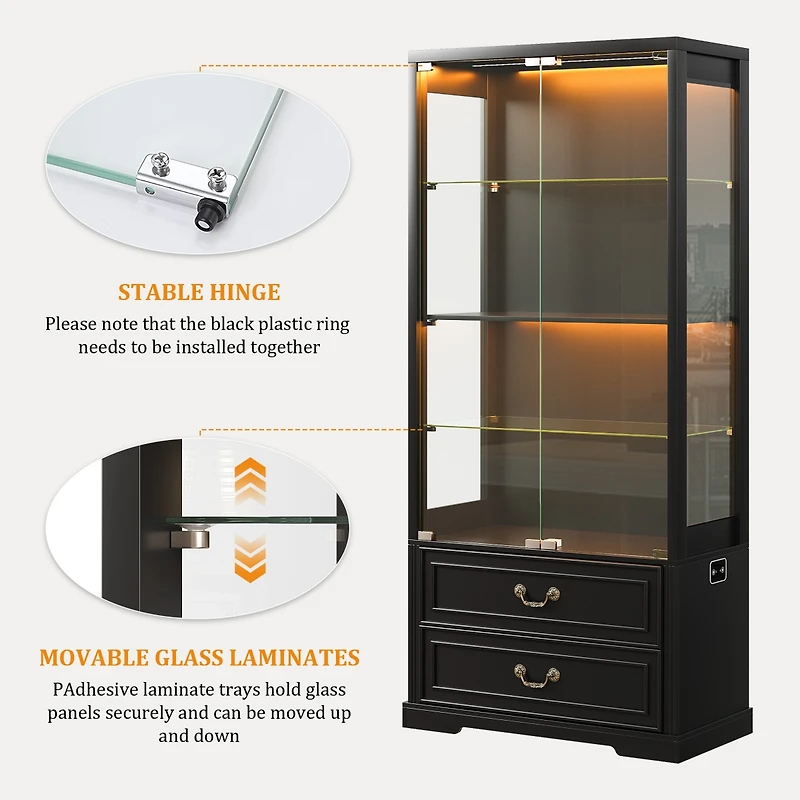 Vlsrka 67" Tall Display Cabinet with Glass Doors and 2 Drawers