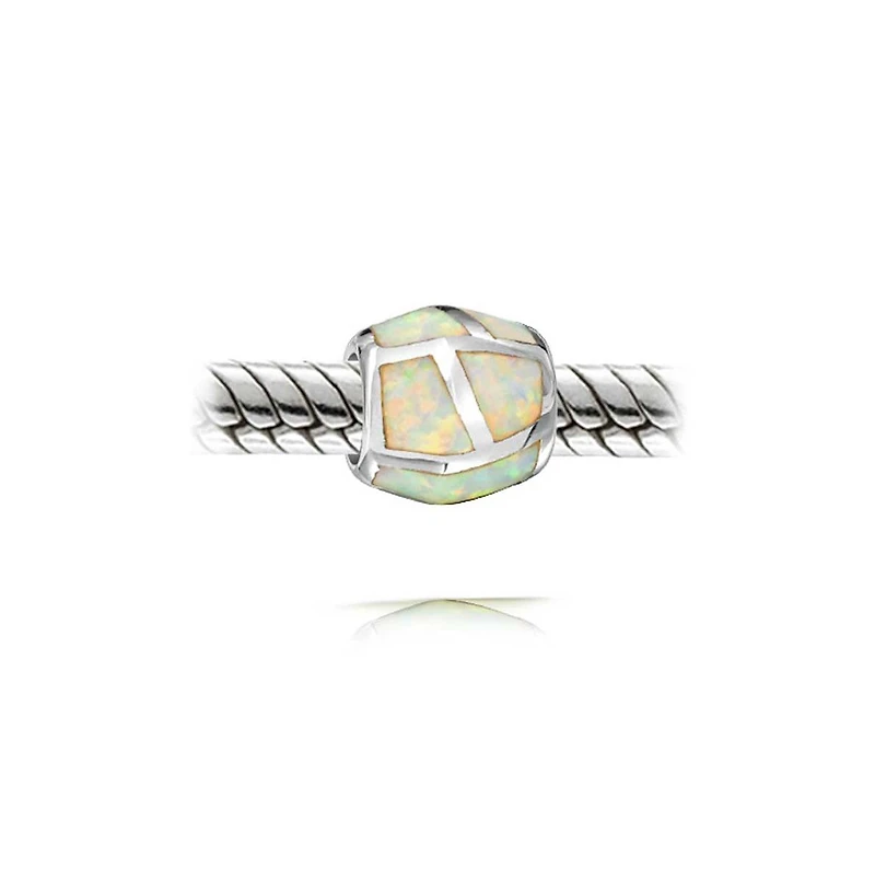 Bling Jewelry Created White Opal Inlay Barrel Charm Bead .925 Sterling Silver For Bracelet