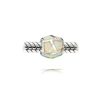 Bling Jewelry Created White Opal Inlay Barrel Charm Bead .925 Sterling Silver For Bracelet