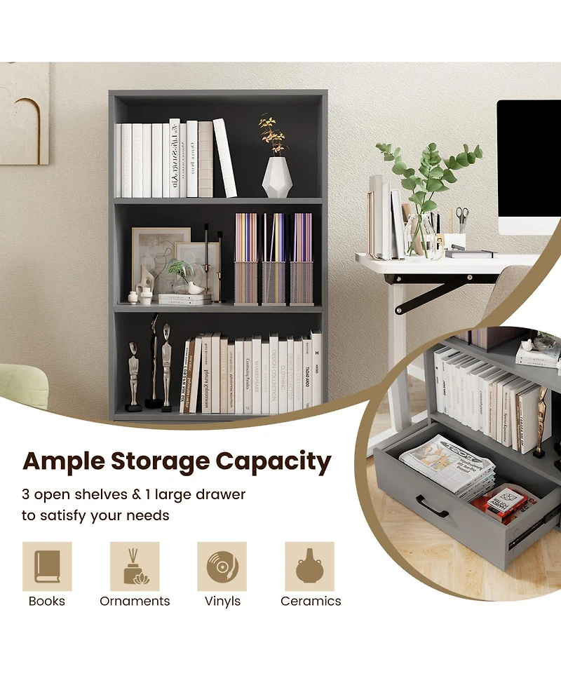 Sugift 48 Inch Tall 4 Tiers Wood Bookcase with Drawer