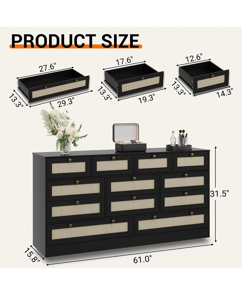 gaomon Bedroom 61" Wide Dresser, 12-Drawer Rattan Wood Chest, Mdf Tv Stand Storage Cabinet.