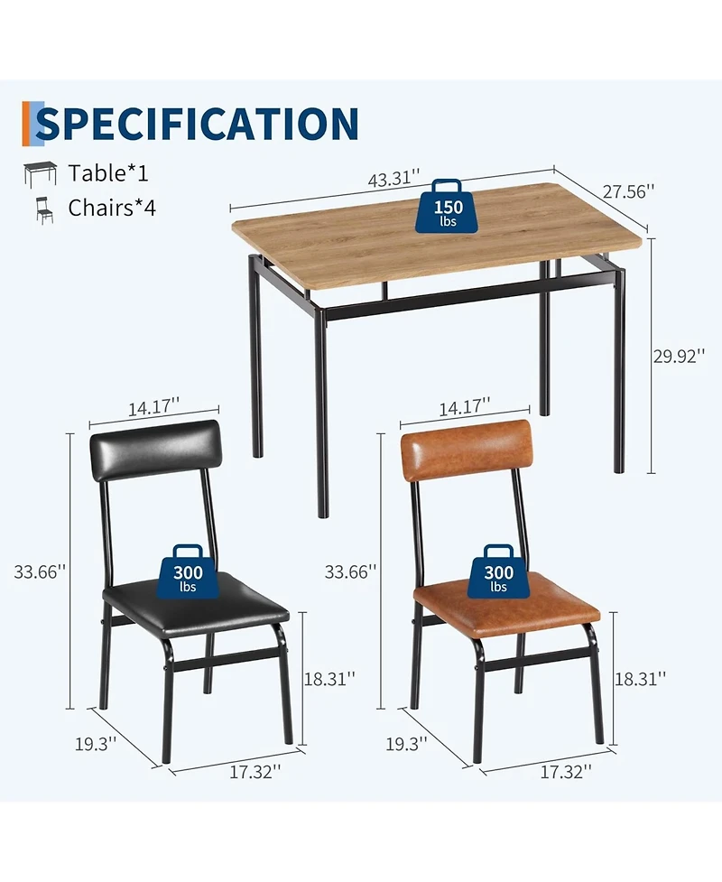 gaomon 5-Piece Industrial Dining Set, Wooden Table and 4 Pu Upholstered Chairs, Metal Frame for Kitchen and Apartment