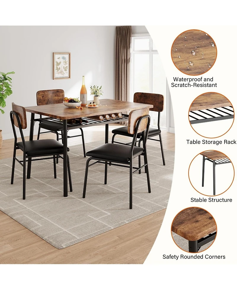 gaomon 5-Piece Compact Dining Set for 4 with Storage, Wooden Tabletop, Metal Frame and Upholstered Chairs