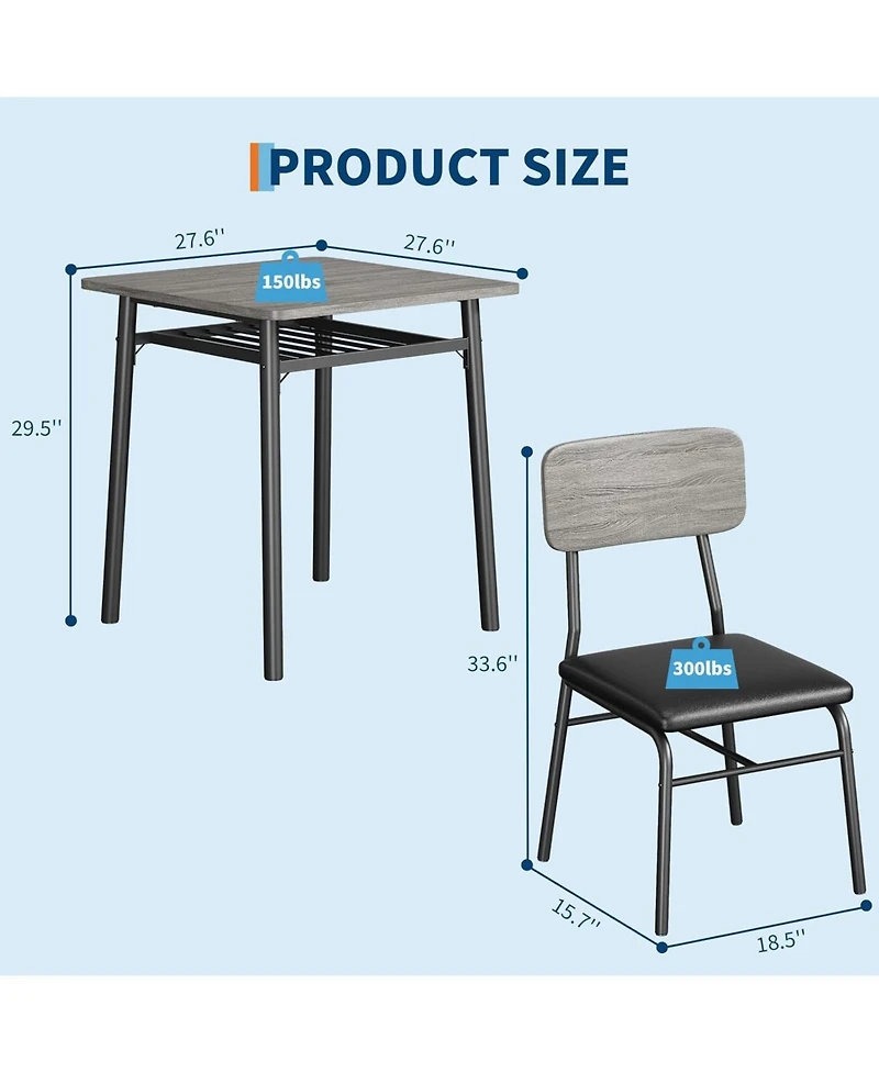 gaomon 3-Piece Square Dining Set for 2 with Storage, Metal Frame Table and 2 Upholstered Chairs