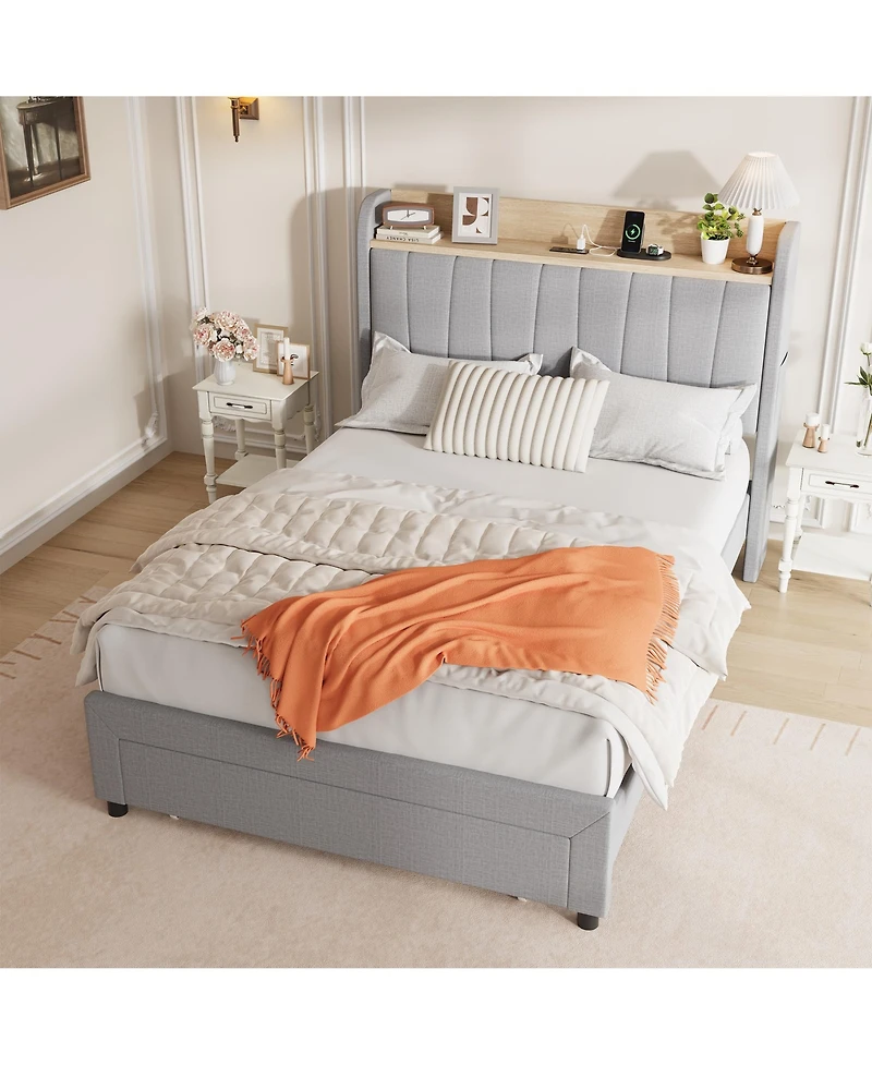 Homfan Upholstered Bed Frame with Storage Headboard, Charging Station and Drawer