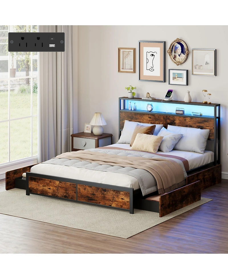 Gymax Led Bed Frame w/2-Tier Storage Headboard and 4 Drawers Charging Station