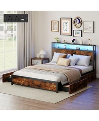 Gymax Led Bed Frame w/2-Tier Storage Headboard and 4 Drawers Charging Station