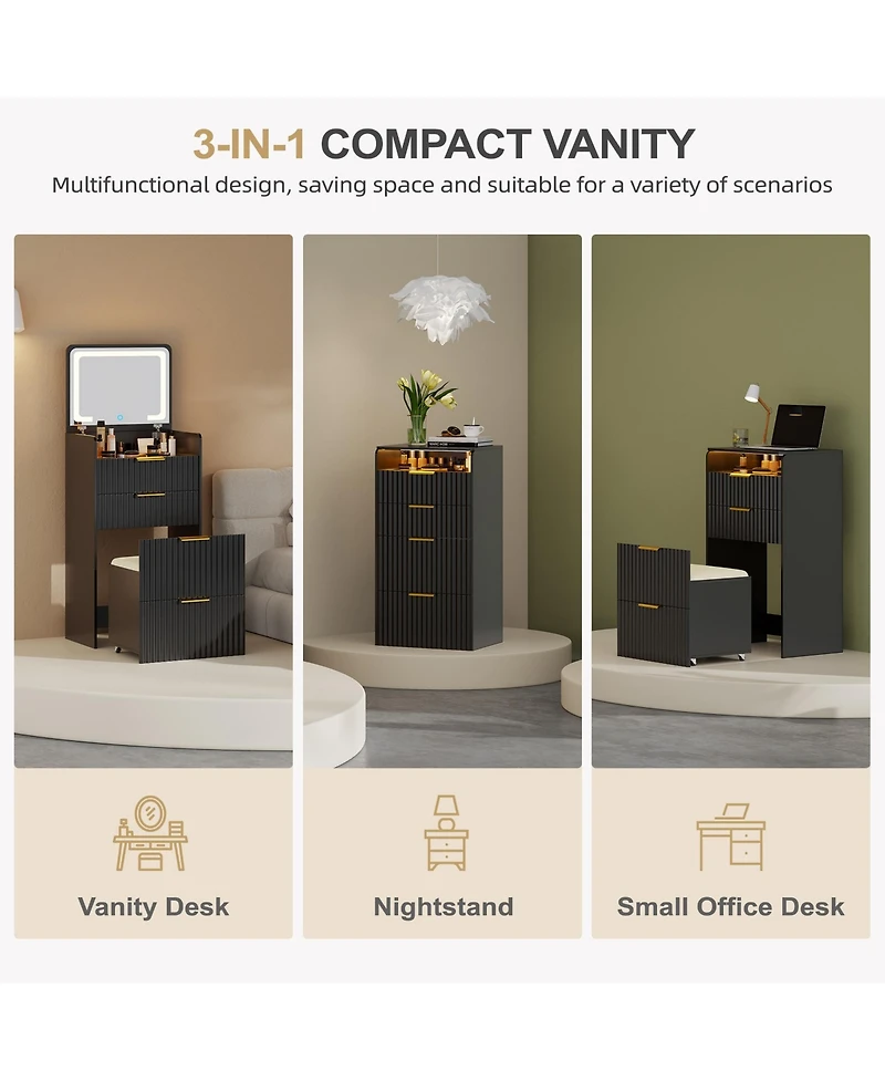 Vlsrka Fluted Small Vanity Desk With Mirror, Lights, Stool & 3 Drawers