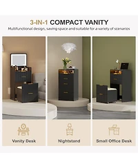 Vlsrka Fluted Small Vanity Desk With Mirror, Lights, Stool & 3 Drawers