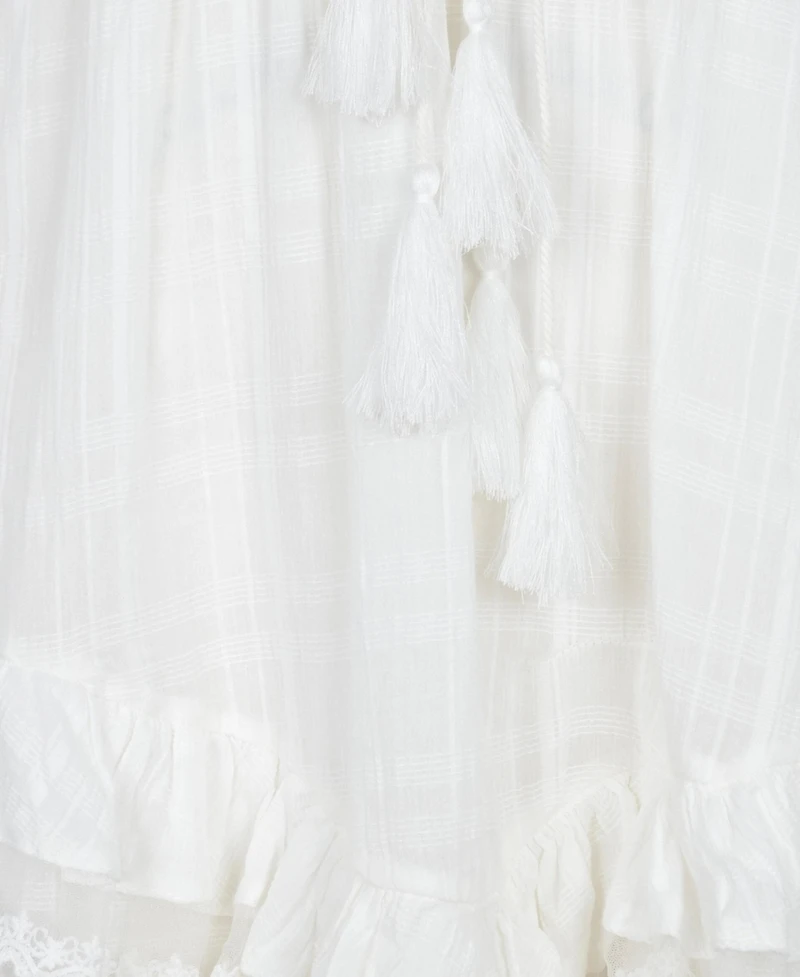 Modenaire Women's Boho Tassel-Tie Neck Mini Dress