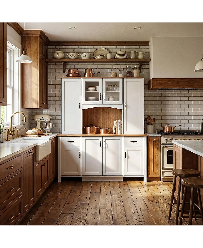 Homsee 71 Inch White Farmhouse Buffet Cabinet - 2-Tone Storage Credenza with Hutch and Drawers | Wood Console