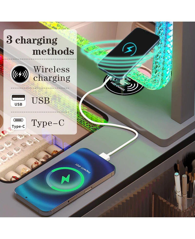 Vlsrka Vanity Set: Rgb Lights, 5 Drawers & Wireless Charger