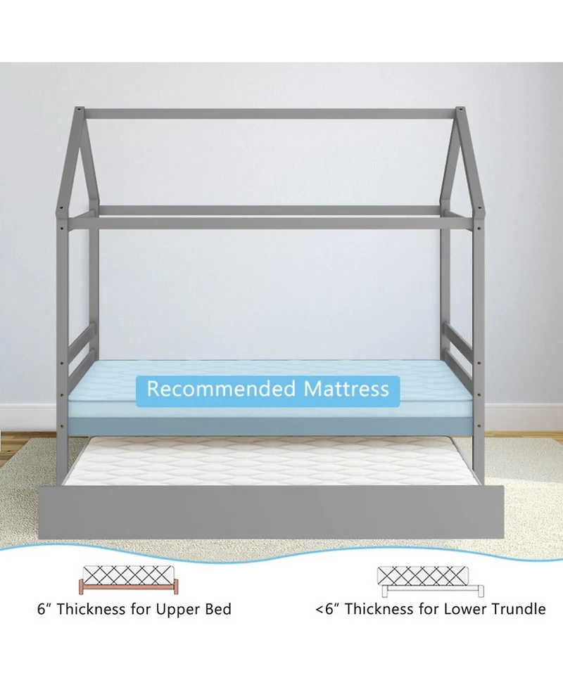 Gouun Bed Frame with Pull-Out Trundle and Roof Design