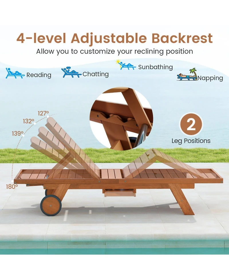 Gouun Outdoor Chaise Lounge Chair with Wheels 4-Position Wood Recliner with Adjustable Backrest
