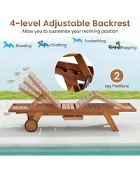 Gouun Outdoor Chaise Lounge Chair with Wheels 4-Position Wood Recliner with Adjustable Backrest