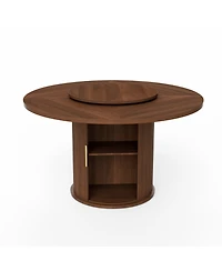 Rainsken Round Dining Table for 6 with a Rotating Tabletop Tray, 2-tier Storage Rack and Wooden Wavy-striped Sliding Doors for Living Room