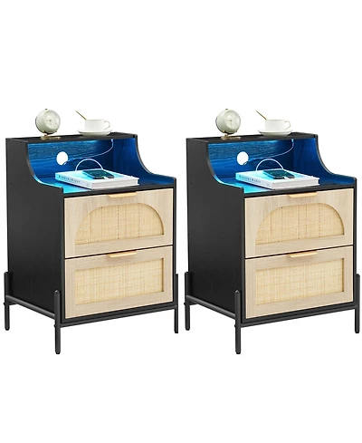 gaomon Home 2-Drawer Rattan Wood Nightstand, Boho Bedside Storage Side Table, 2-Pack