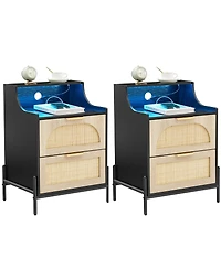 gaomon Home 2-Drawer Rattan Wood Nightstand, Boho Bedside Storage Side Table, 2-Pack