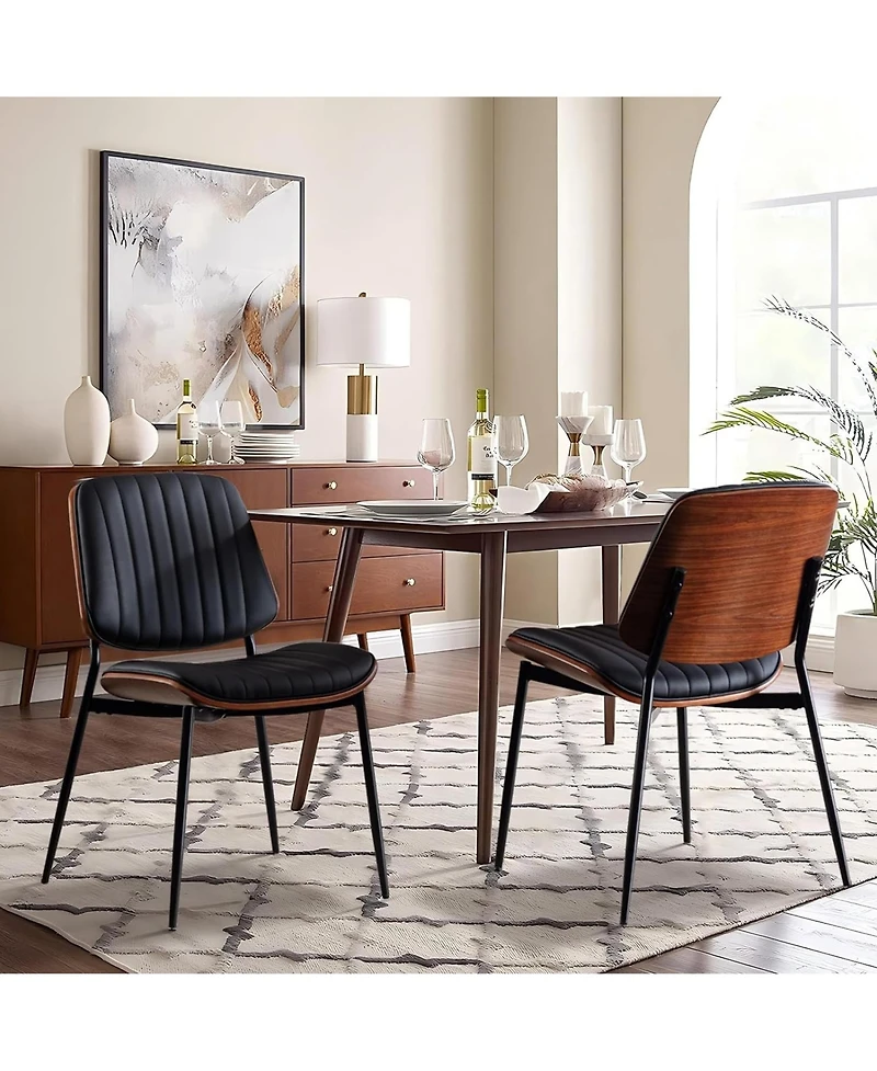 Rainsken Pu Leather Dining Chairs Set of 2, Retro Upholstered Kitchen with Walnut Bentwood Back and Adjustable Feet for Room
