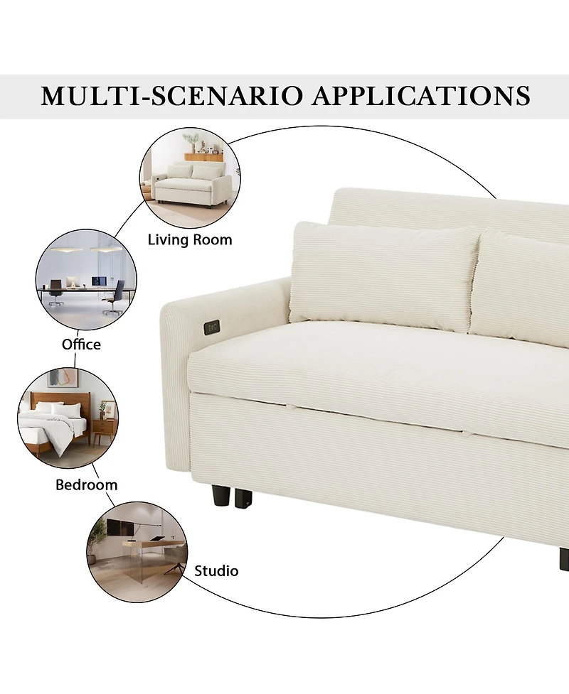 Rainsken 57.48" Pull-out Sofa Bed, Convertible Corduroy Couch with Adjustable Backrest, Usb Ports and 2 Pillows, Loveseat for Living Room