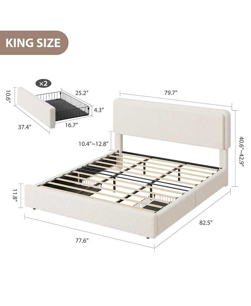 Homfan Cozy Boucle Upholstered Bed Frame – Modern Platform with Adjustable Cloud Headboard, 2 Storage Drawers, No Box Spring Needed