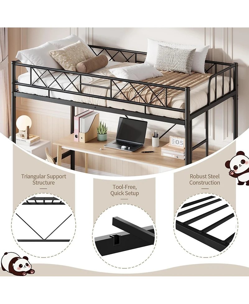 homfan Metal Loft Bed Frame with Arched Guardrail, Ladder and Underbed Space, Box Spring Not Required