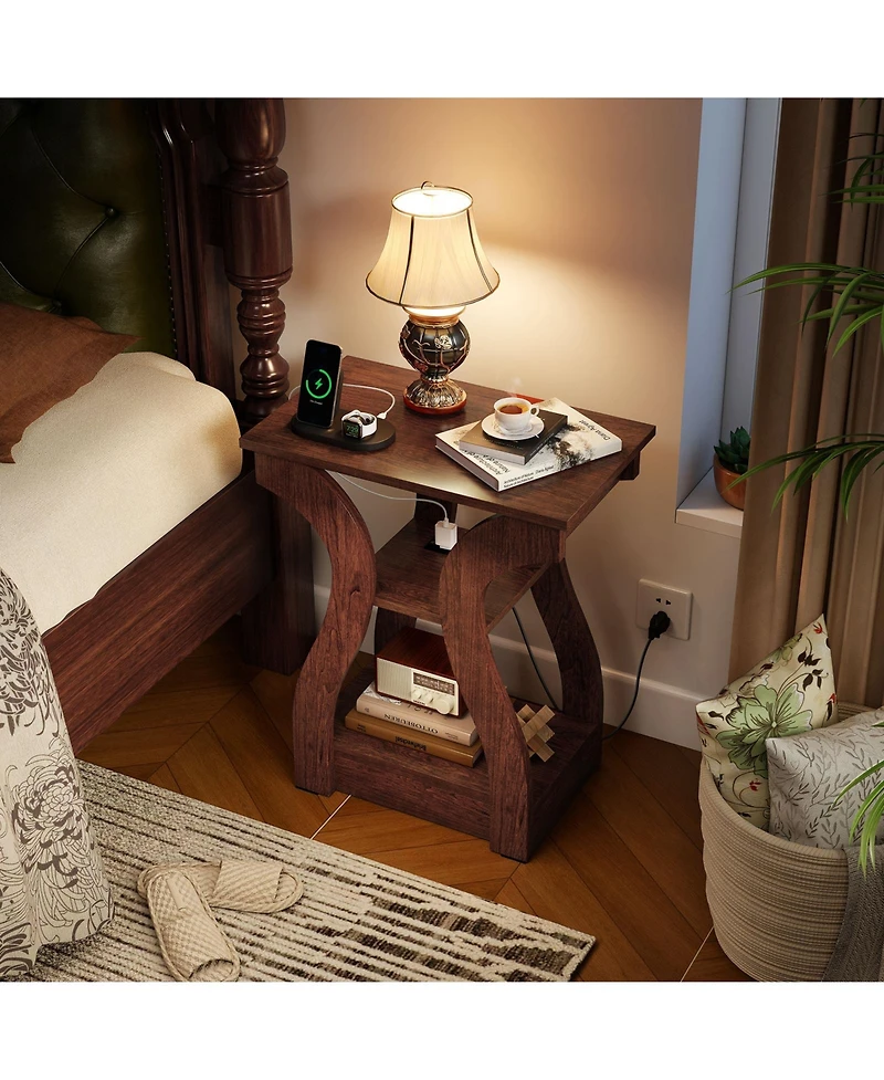 Gymax End Tables w/Charging Station Set of 2 3-Tier Side with Usb Ports and Outlets