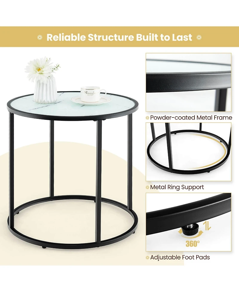 Gymax 2PCS Glass End Table 20 Round Side Table Metal Frame Faux Marble Glass Top